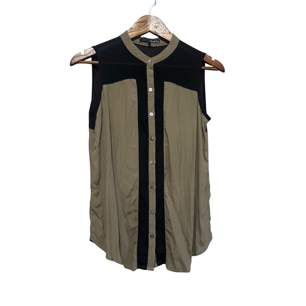 Ro & De Colorblock Blouse Women XS Olive Black Excellent Sleeveless Button Down